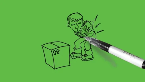 Draw boy bow down fold knee hold hands on hip backside with cubic box 動画素材 236228646