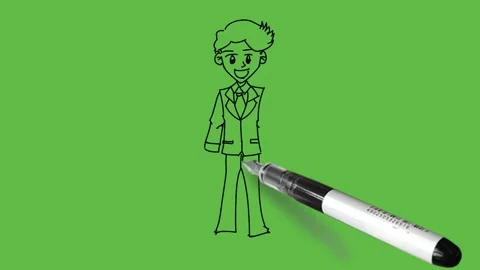 Draw boy carry small bag in right hand, show like sign with left hand wear shirt Video stock 229481346