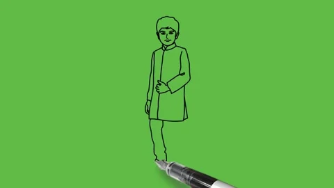 Draw boy fold his left arm wearing blue achkan, white lower and grey shoes Vidéo 214238228