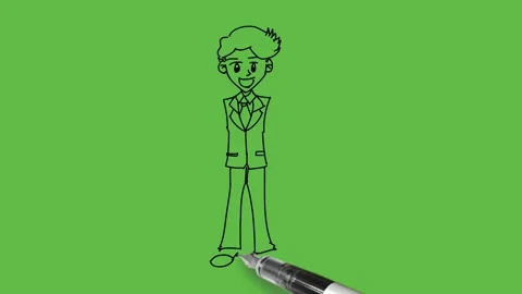 Draw boy fold right arm from elbow with like sign, three bundles in left hand Vidéo 229481358