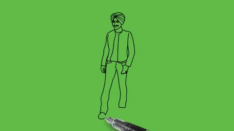 Draw boy hold his hand in pocket wearing green t-shirt, trouser, turban, shoes Vidéo 219570577