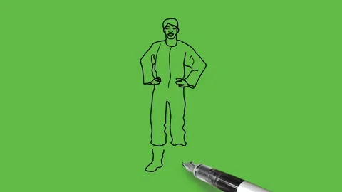 Draw boy hold his hands on hip wearing yellow t-shirt, blue trouser and shoes 動画素材 219570596