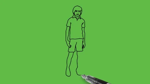 Draw boy hold his one hand in side pocket wear yellow t-shirt, blue short lower 库存影片 214242109