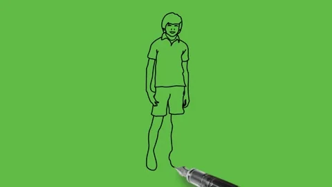 Draw boy hold his one hand in side pocket wearing t-shirt, short lower Video stock 214242169