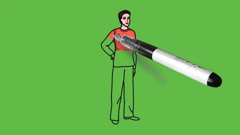 Draw boy hold his right hand on hip wearing red t-shirt, brown trouser, footwear 動画素材 219570630