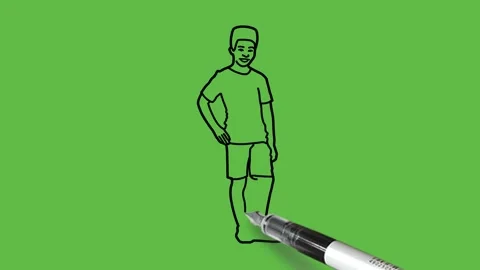 Draw boy hold his right hand on hip and left down wearing blue t-shirt, knicker 库存影片 226594970