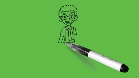 Draw boy hold open hands down wear spectacles, shirt, pant, tie and footwear Видео 233272169