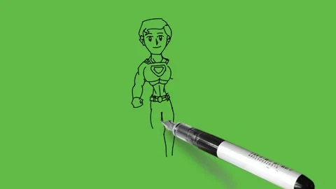 Draw boy hold right arm straight with fist and show clock upward in left hand Video stock 233273064