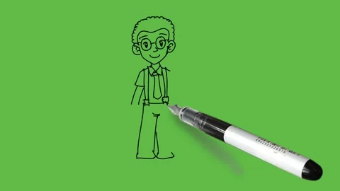 Draw boy hold right open hand down and fold left arm from elbow with mobile Video stock 233272219