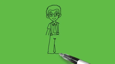 Draw boy hold right open hand straight down and big pencil in left hand Video stock 233272253