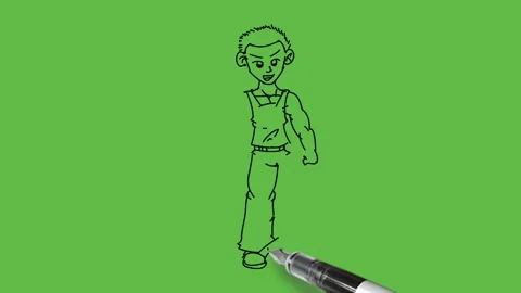 Draw boy hold school bag on right shoulder and left fist straight down Video stock 233272076