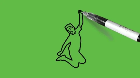 Draw boy jump with joy on knees open arms up and down with fists wear shirt Video stock 226595110