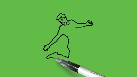 Draw boy jumping with joy in air open arms and hands wear blue t-shirt, trouser Видео 229480313