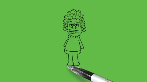 Draw boy laughing face round eyes, curly brown hair with open hands down 動画素材 222550603