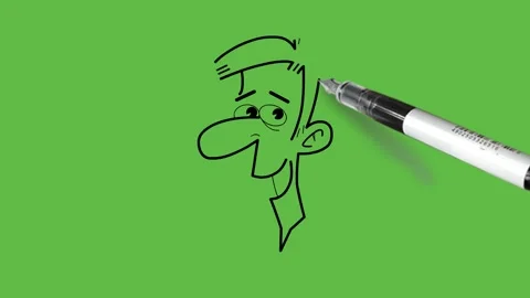 Draw boy laughing face round eyes, long nose, brown hair wearing yellow shirt Video stock 222551048