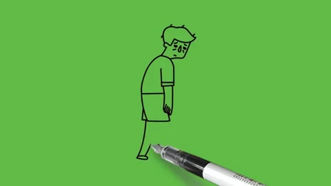 Draw boy sad face lean forward hold arms,open hands down wear red shirt, knicker Video stock 226591949