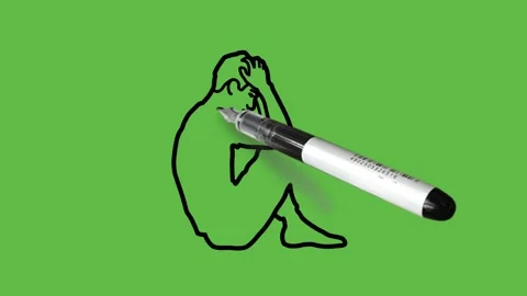 Draw boy sit on floor fold legs cross keep elbow on knees and hold hands on head 動画素材 229480358