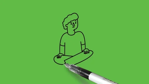 Draw boy sitting on floor fold legs in cross position hold open hands on knees Video stock 226593163