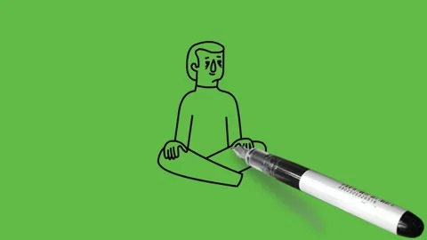 Draw boy sitting on floor fold legs in cross position hold open hands on knees Video stock 226594231