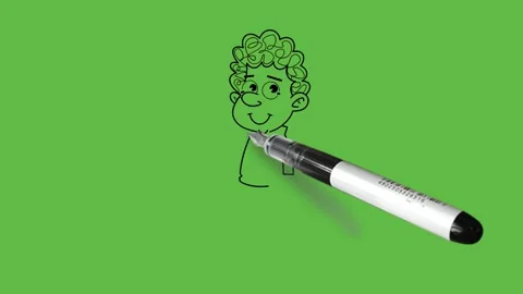Draw boy smiling face with blow air in mouth, round eyes, curly hair hold fists Видео 222550592