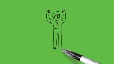 Draw boy smiling stand on winner stand at first position hold open hands up Video stock 226593071