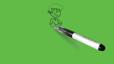 Draw boy in smirk face assemble arms together wear green t-shirt, black trouser 動画素材 222549557