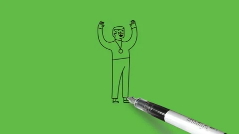 Draw boy stand at first position hold open hands up with gold medal Vidéo 226594096