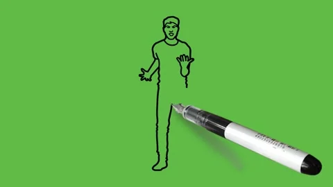 Draw boy stand fold arms from elbow with open hands forward wear blue t-shirt, Video stock 229480272