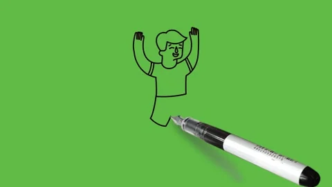 Draw boy stand on one left leg hold open hands upside together, fold right leg 動画素材 226591786