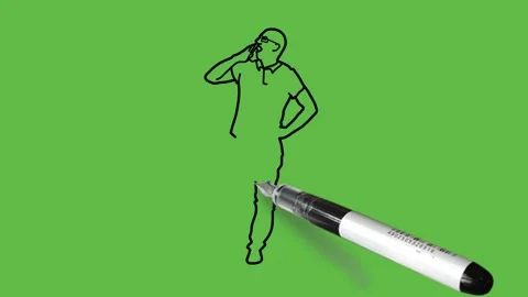 Draw boy stand on one leg hold right hand on mouth, left on hip wear shirt Video stock 229480700