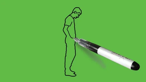 Draw boy stand on right leg, slightly bend left leg hold right hand in pocket Video stock 229480333