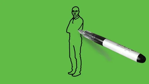 Draw boy stand in side pose assemble arms and hands wear blue shirt, trouser Video stock 229480698