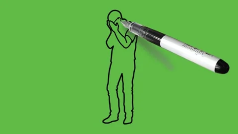 Draw boy standing cover face with hands wearing blue shirt, brown trouser Video stock 229480769