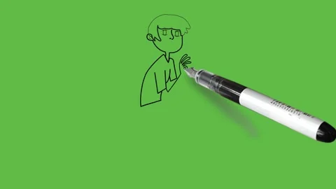 Draw boy standing lean forward hold open hands up like want catch wear t-shirt Video stock 222549527