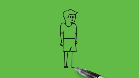 Draw boy thinking in dreams hold open hands down wear red t-shirt, grey knicker Видео 226591509