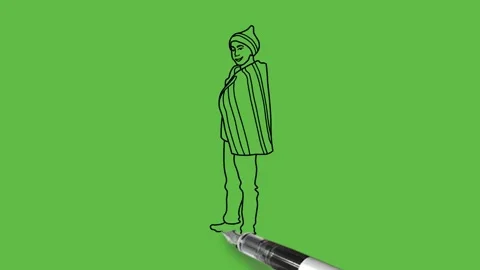 Draw boy wearing cap, blue and black stripped warm shawl, lower and shoes Vidéo 214240758