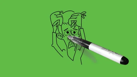 Draw boy weeping face with tears, round eyes, long nose, catching his brown hair 動画素材 226590362