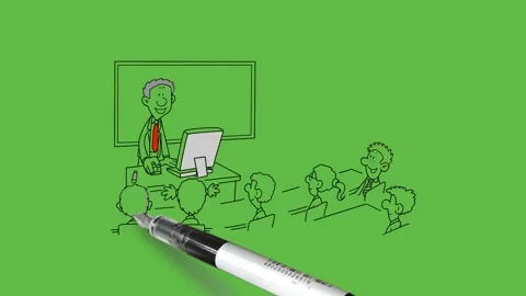 Draw classroom where professor teaching students on laptop wear shirt, trouser Video stock 236228076