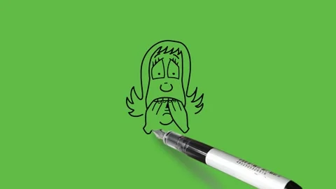 Draw close amazing face of young girl hold both hand in mouth with black outline Vidéo 244796335