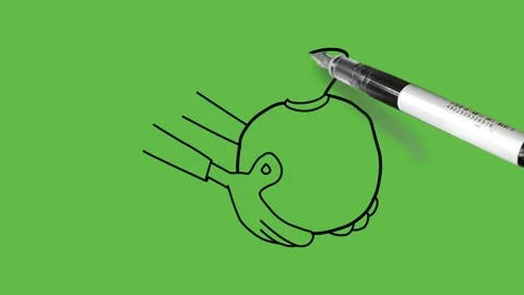 Draw close view of round pot carry in human hands with black outline on green Video stock 237372951