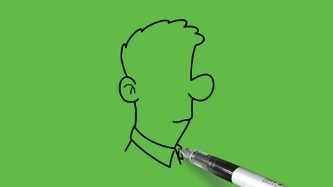 Draw close view of young man face of round nose with black outline on green back Stock Footage 289289246