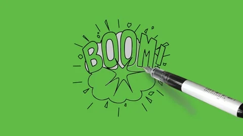 Draw cloud with BOOM tag and exclamation sign with black outline on green back Vidéo 244798000