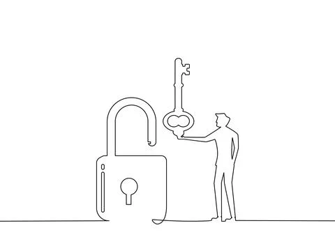 Draw a continuous line of people unlocking the padlock. isolated on a white b Stock Illustration