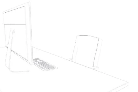 Draw of a desk with a computer and a chair Stock Illustration