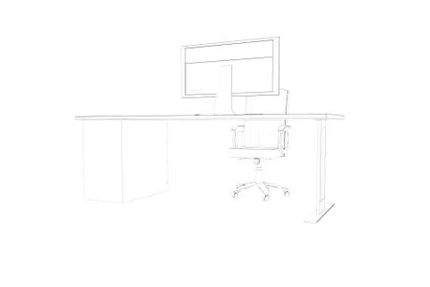 Draw of a desk with a computer and a chair Stock Illustration