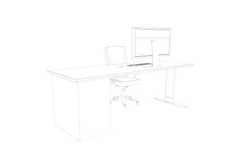 Draw of a desk with a computer and a chair Illustrazione stock