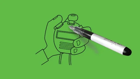 Draw digital machine hold in human hand and CLICK it with black outline Видео 237374319