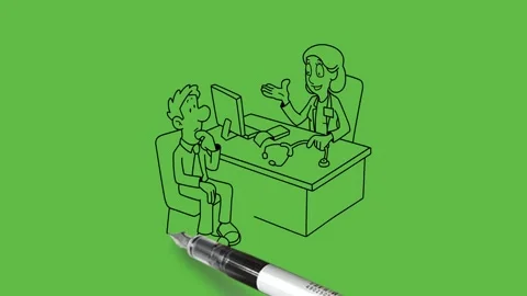 Draw doctor sit in cabin work on computer keep elbow on table catch stethoscope Stock Footage 292489036