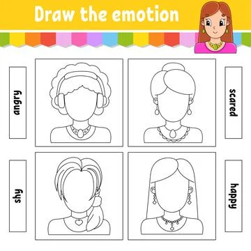 Draw the emotion. Worksheet complete the face. Coloring book for kids. Cheerf Illustrazione stock