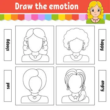 Draw the emotion. Worksheet complete the face. Coloring book for kids. Cheerf Stock Illustration